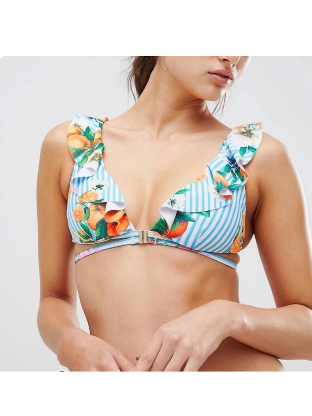 River Island Ruffled V-Neck Tropical Stripe Bikini Top - Blue & Orange